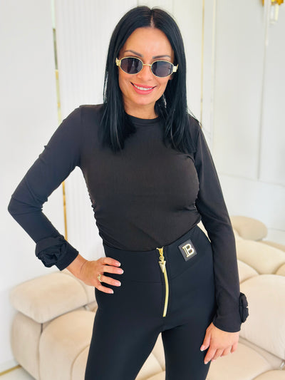 Bluzka Prążkowana – Długi Rękaw z Marszczeniami