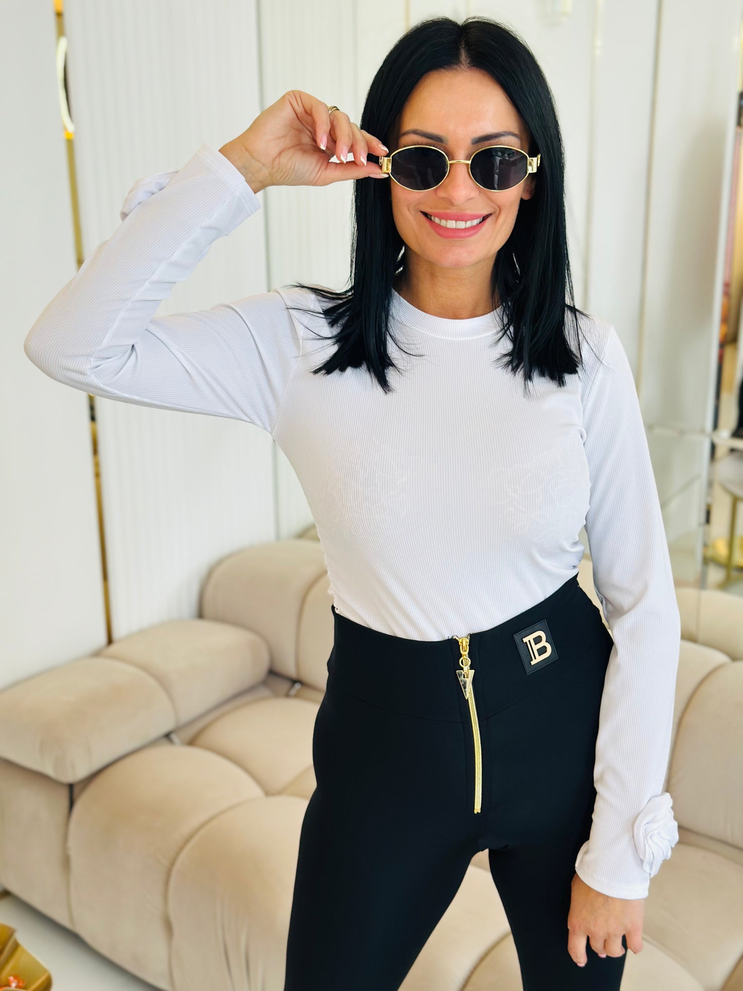 Bluzka Prążkowana – Długi Rękaw z Marszczeniami