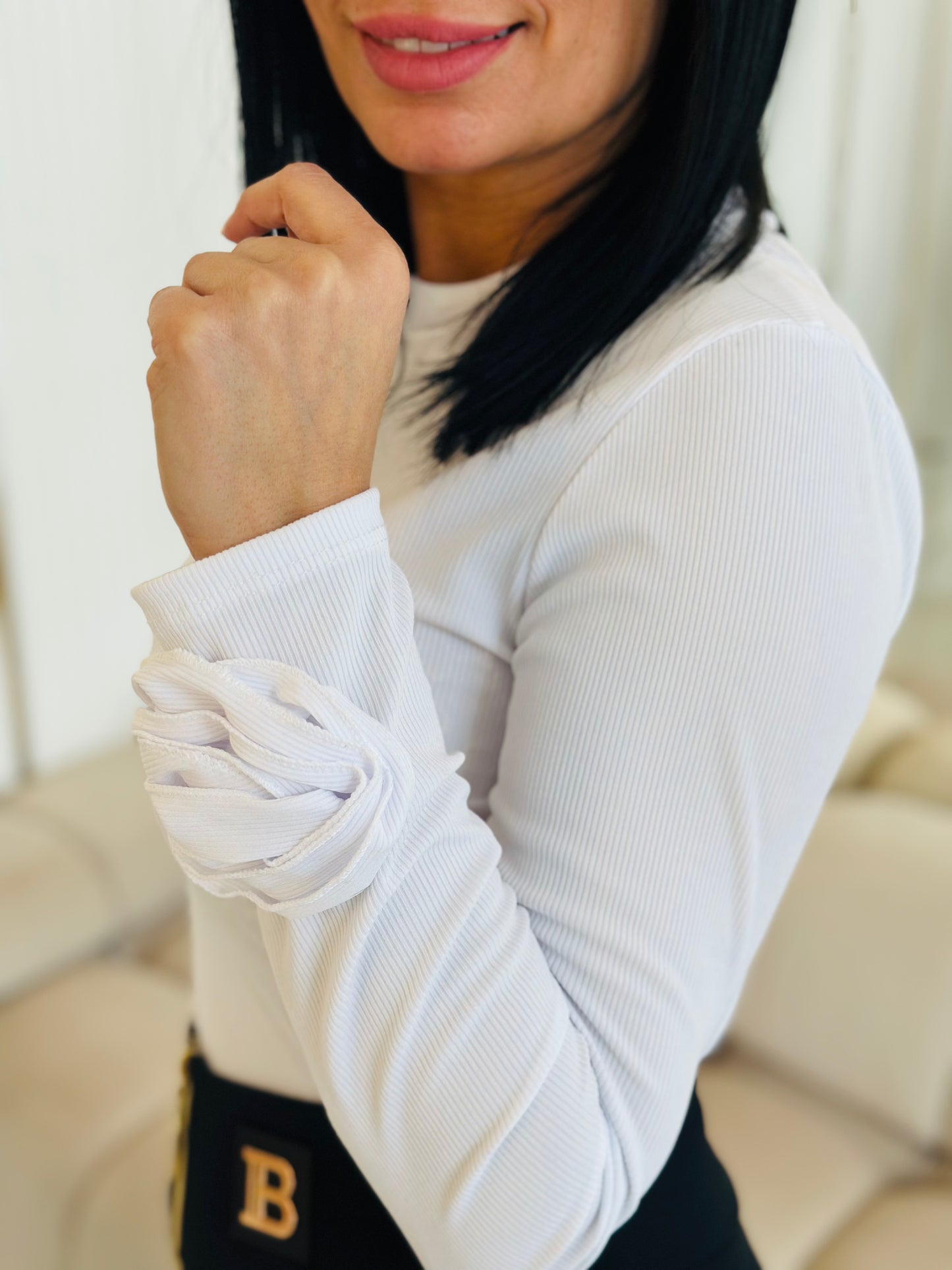 Bluzka Prążkowana – Długi Rękaw z Marszczeniami