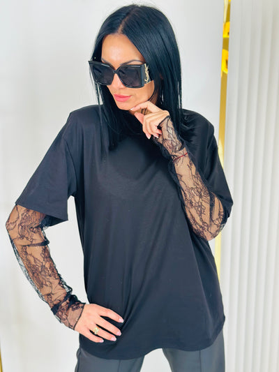 T-Shirt Oversize z Koronkowymi Rękawami